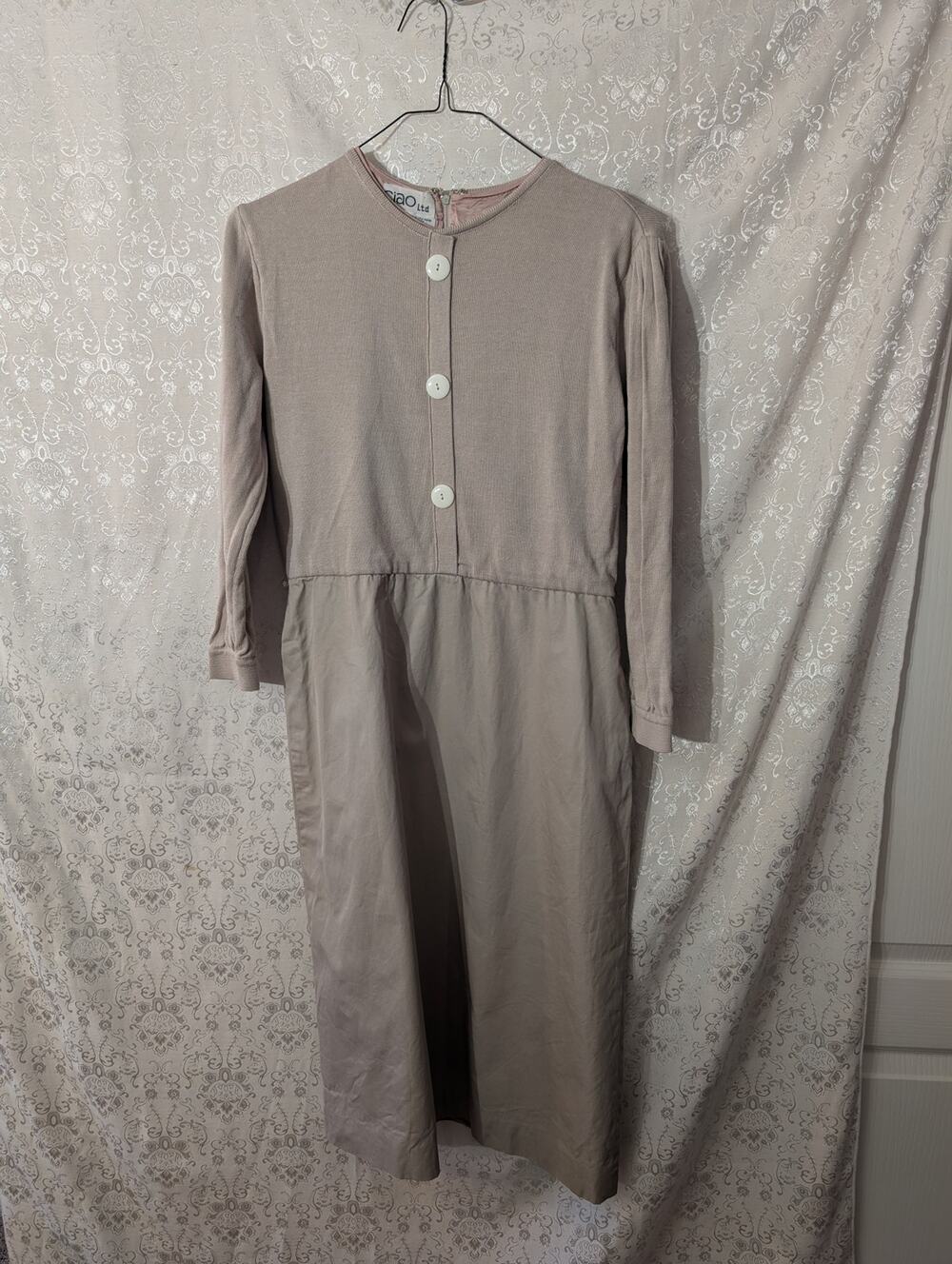 Vintage 80s Ciao Ltd Knit Top Midi Dress Taupe Beige Pockets